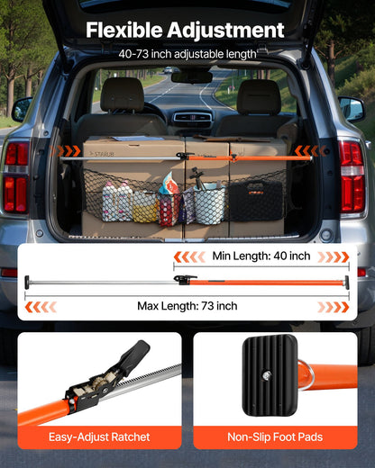 Cargo Bar, Ratcheting Cargo Bars Adjustable from 40" to 73", Heavy-duty Steel Cargos Stabilizer with Storage Net & Divider Bar, Telescoping Load Lock Bars for SUVs, Sedans