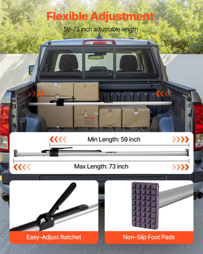Cargo Bar, Ratcheting Cargo Bar Adjustable from 59" to 73", Heavy-duty Steel Cargos Stabilizer with Non-Slip Foot Pads, Telescoping Load Lock Bars Stop Sliding for Pickup Truck