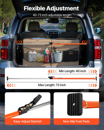 Cargo Bar, Ratcheting Cargo Bar Adjustable from 40" to 73", Heavy-duty Steel Cargos Stabilizer with Storage Net & Non-Slip Foot Pads, Telescoping Load Lock Bars Stop Sliding for SUVs, Sedans
