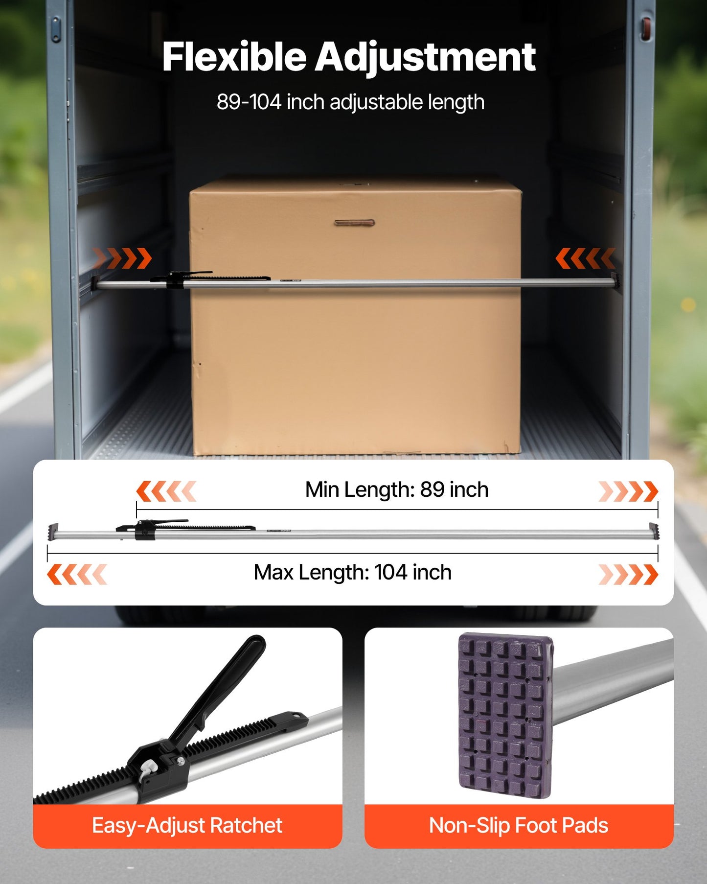 Cargo Bar, Ratcheting Cargo Bar Adjustable from 89" to 104", Heavy-duty Steel Cargos Stabilizer with Non-Slip Foot Pads, Truck Bed Load Lock Bars for Box Trucks, Semi-Trailers, Trailers (2PCS)