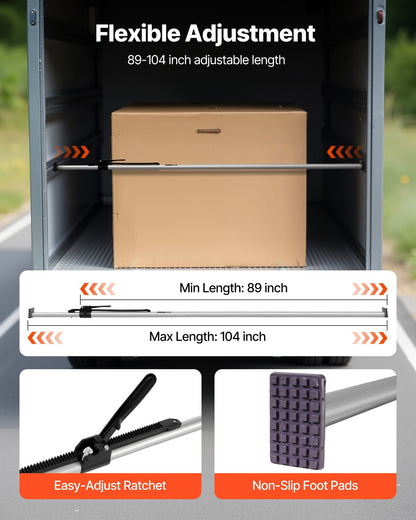 Cargo Bar, Ratcheting Cargo Bar Adjustable from 89" to 104", Heavy-duty Steel Cargos Stabilizer with Non-Slip Foot Pads, Truck Bed Load Lock Bars for Box Trucks, Semi-Trailers, Trailers (2PCS)