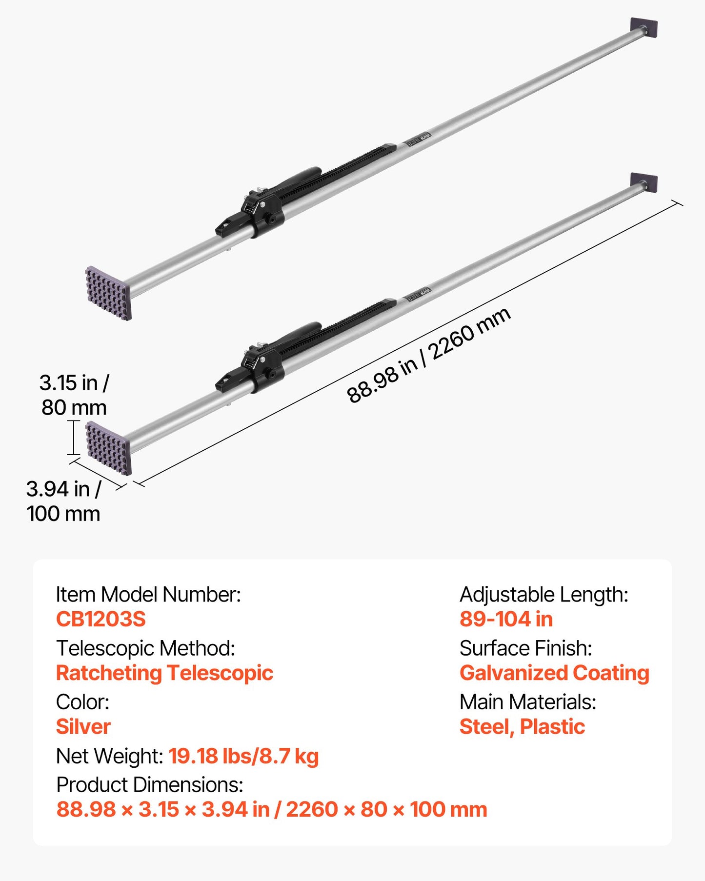 Cargo Bar, Ratcheting Cargo Bar Adjustable from 89" to 104", Heavy-duty Steel Cargos Stabilizer with Non-Slip Foot Pads, Truck Bed Load Lock Bars for Box Trucks, Semi-Trailers, Trailers (2PCS)
