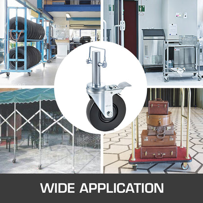 4 Pack 5" Heavy Duty Scaffolding Rubber Swivel Caster With Dual Locking 1" Solid Round Stem 280LBS Capacity Per Wheel