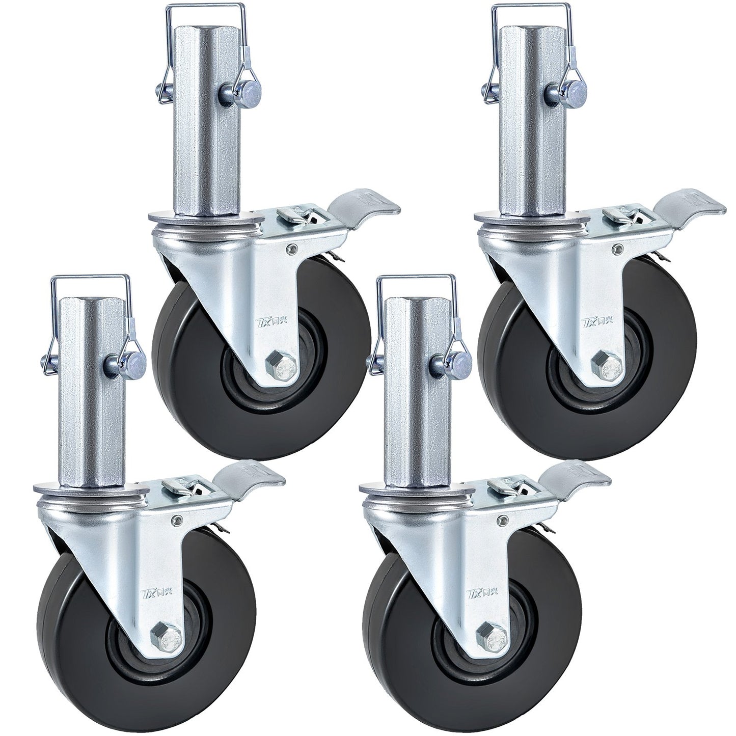 4-Pack 5" Heavy Duty Scaffolding Rubber Caster Wheels with Double Locking 1.25" Square Stem 440LBS Capacity Per Wheel