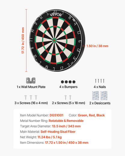 Dart Board, High-Grade Self-Healing Sisal Fiber Dartboard with Staple-Free Bullseye, Blade Wire & Rotating Number Ring, 17.7" Professional Dartboard for Home Party Game Room (Darts Not Included)