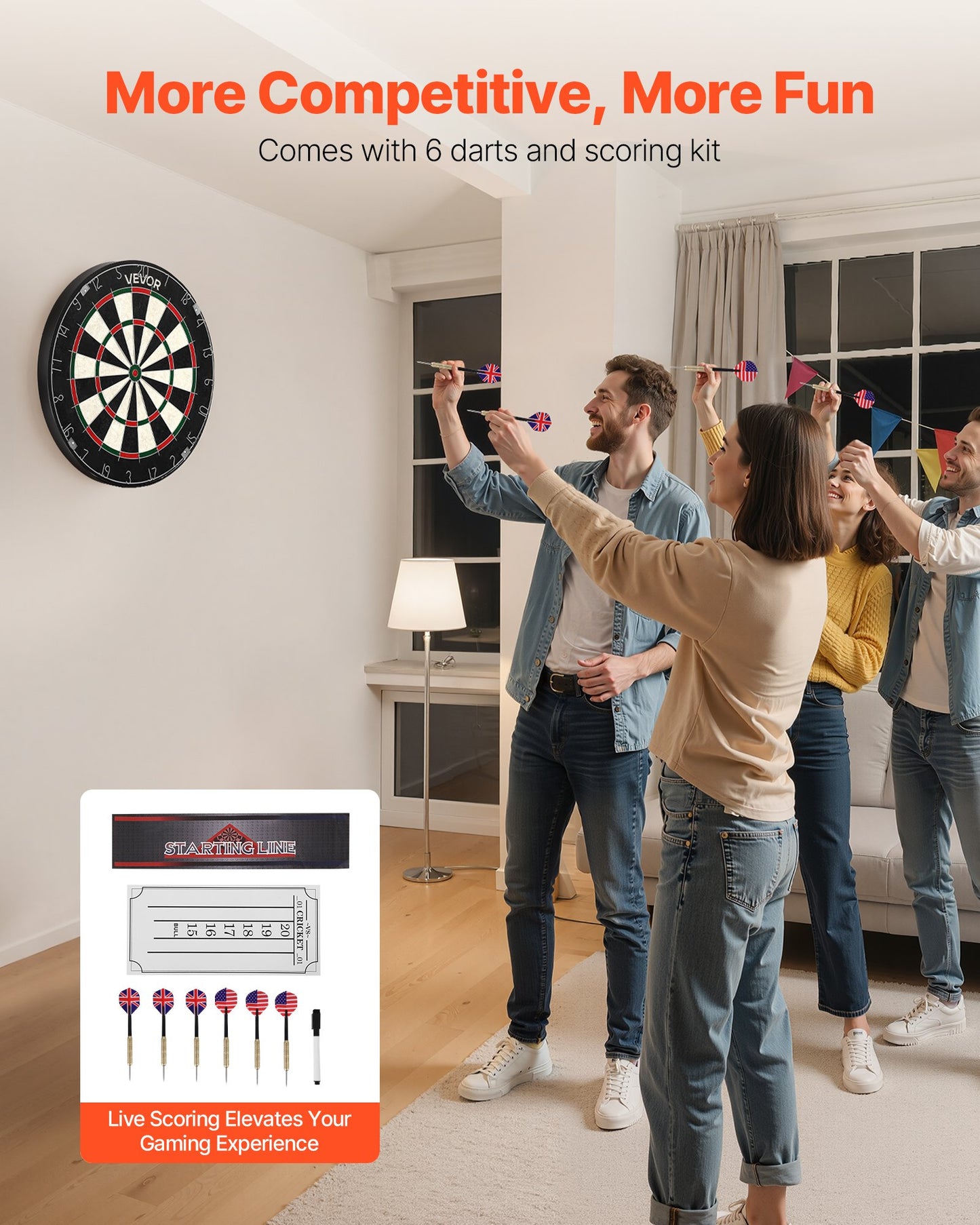 Dartboard with 6 Darts & Scoring Kit, Self-Healing Sisal Fibers Dartboard with Staple-Free Bullseye & Rotating Number Ring, 17.7" Professional Steel Tip Dart Board Set for Home Party Game Rooms