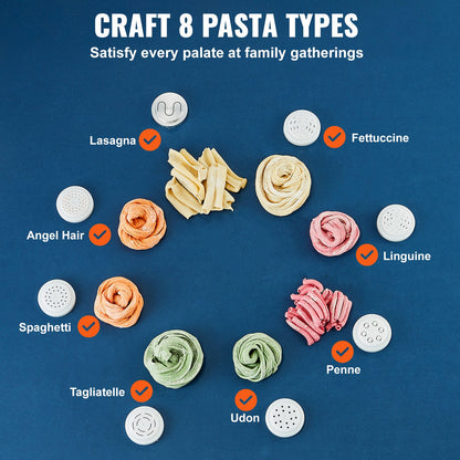 Electric Pasta Maker, 150W Automatic Noodle Maker Machine with 8 Pasta Shapes, 4 Intelligent Modes, 500g Flour Capacity Pasta Maker Machine with Measuring Cups, Cleaning Brush for Home Kitchen