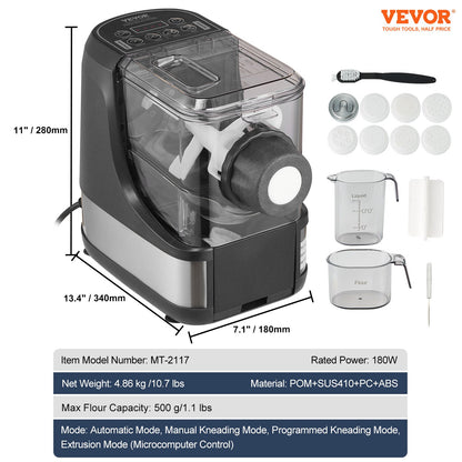 Electric Pasta Maker, 150W Automatic Noodle Maker Machine with 8 Pasta Shapes, 4 Intelligent Modes, 500g Flour Capacity Pasta Maker Machine with Measuring Cups, Cleaning Brush for Home Kitchen