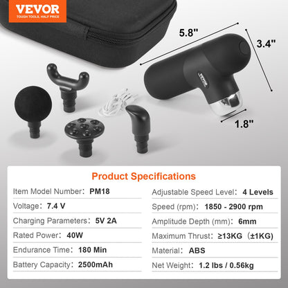 Mini-Massagepistole, Tiefengewebe-Percussion-Muskelmassagegerät, 4 Geschwindigkeiten, 4 Köpfe