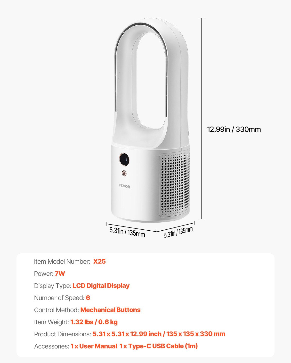 Portable Bladeless Desk Fan 12.99" 6-Speed Quiet Fan for Bedroom and Office