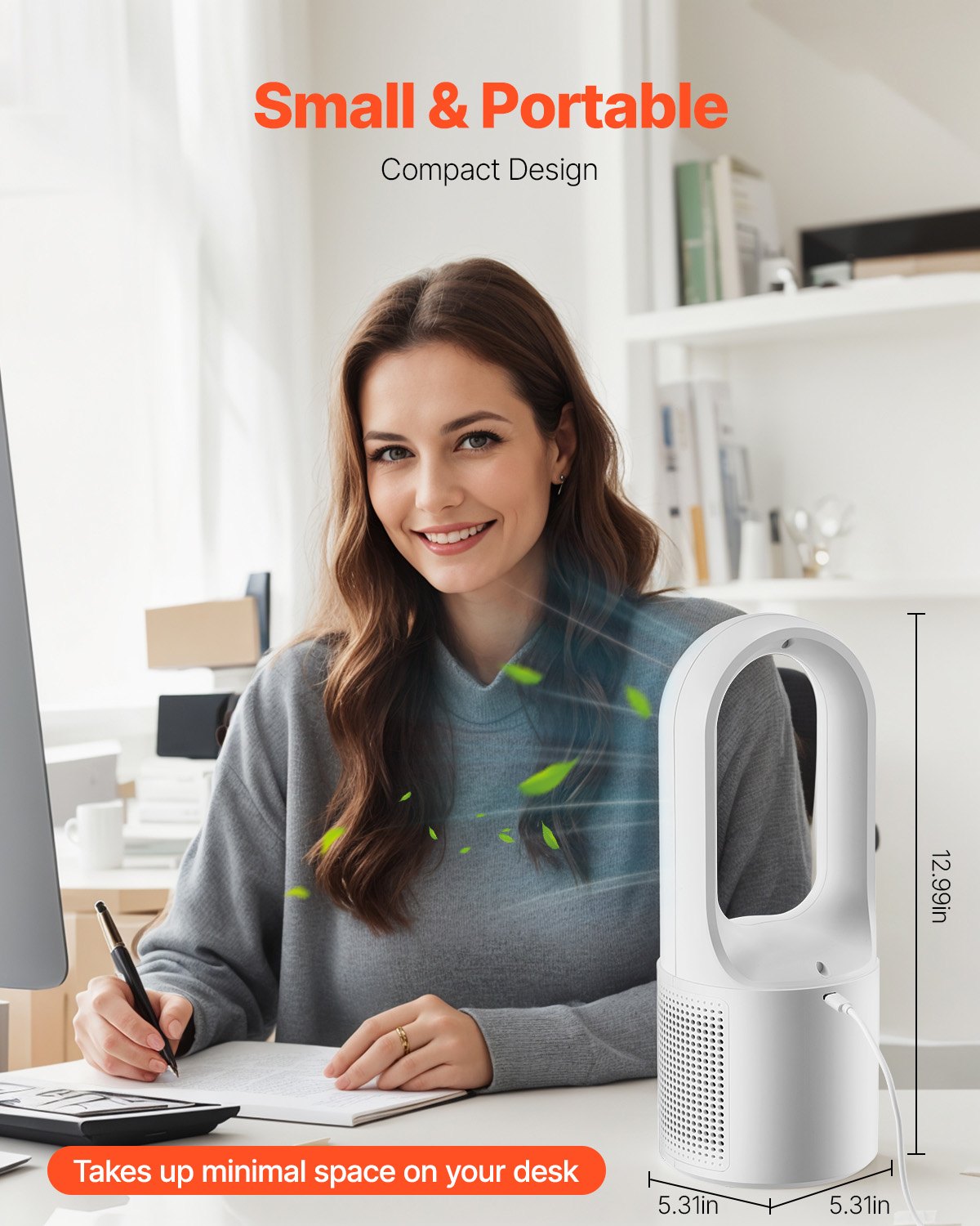 Desk Fan Bladeless, 12.99 Inch Kids-Friendly Personal Portable Desk Fan, 6-Speed USB Quiet Cooling Small Tower Fan with Button Control, Blows Cold Air for Office, Home (Plug to Use, No Battery)