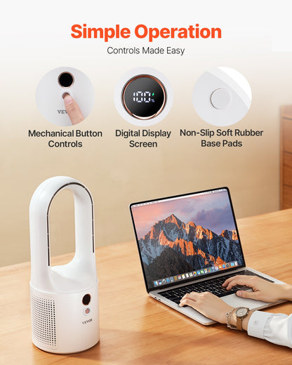 Desk Fan Bladeless, 12.99 Inch Portable Desk Fan, 6-Speed USB Quiet Cooling Small Tower Fan with Rechargeable Battery, Easy to Clean & Kids-Friendly, Blows Cold Air for Bedroom, Office, Home