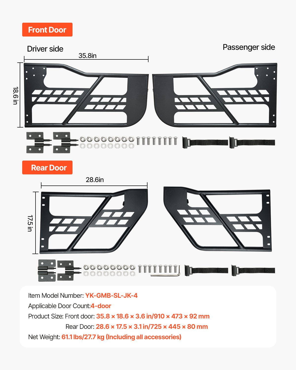 4-door Jeep Tube Doors Jeep Tube Doors for 2007-2018 Jeep Wrangler JK
