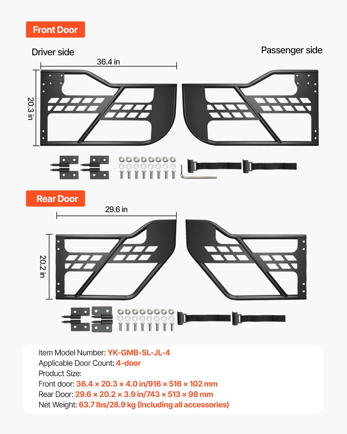 4-dörrars jeeprörsdörrar Jeeprörsdörrar för 2018-2024 Jeep Wrangler JL