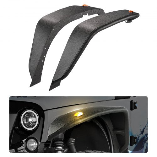Fender Flare, Front Fender Flares Compatible with 2007-2018 Jeep JK/JKU 2/4 Doors, Off-Road Steel Liner Set with LED Lighting, Fenders for Jeep JK, Fine-Textured Black Paintable Wheel Flares Set