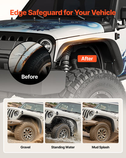 Fender Flare, Front & Rear Fender Flares Compatible with 2007-2018 Jeeps JK/JKU 2/4 Doors, Fine-Textured Black Paintable Off-Road Steel Liner Set, Fenders for Jeep JK, Rust-Resistant Coating