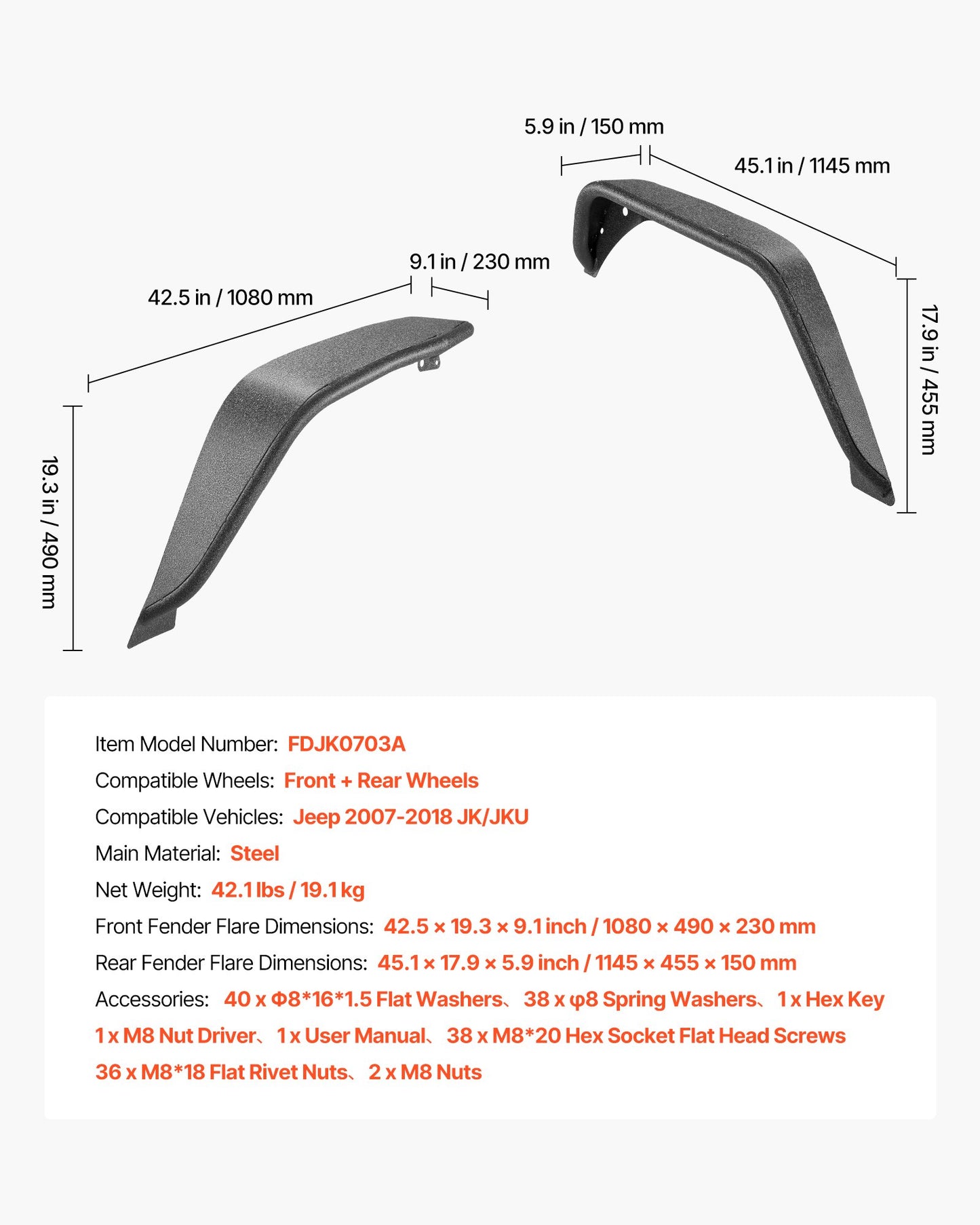 Fender Flare, Front & Rear Jeep Fender Flares Compatible with 2007-2018 Jeep JK/JKU 2/4 Doors, Fine-Textured Black Paintable Off-Road Steel Liner Set, Fenders for Jeep JK, Rust-Resistant Coating