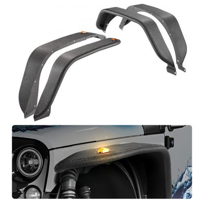Fender Flare, Front & Rear Jeep Fender Flares Compatible with 2018-2024 Jeeps JL/JLU 2/4 Doors, Off-Road Steel Liner Set with LED Lighting, Fine-Textured Black Paintable Fenders for Jeep JL