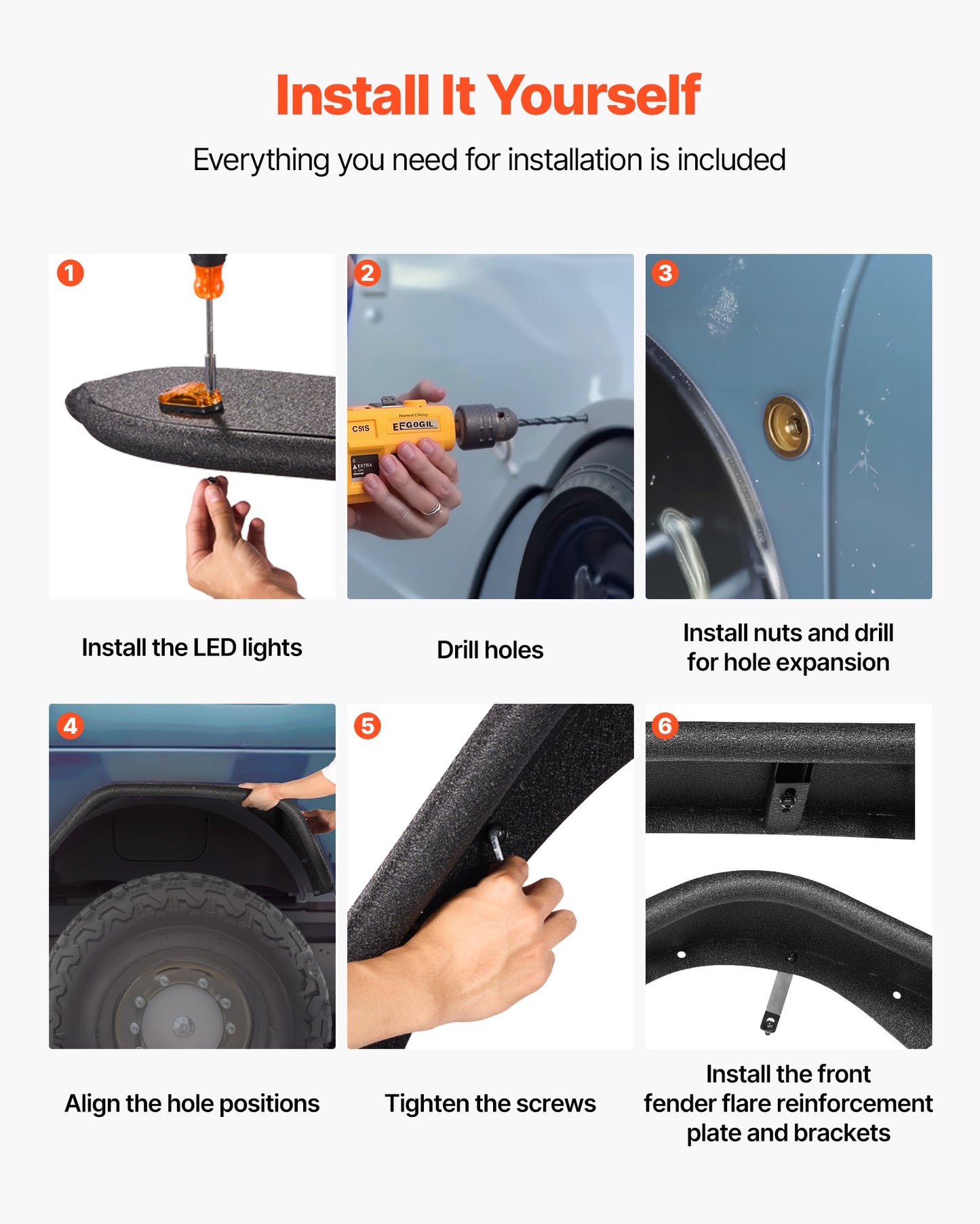 Fender Flare, Front & Rear Jeep Fender Flares Compatible with 2018-2024 Jeeps JL/JLU 2/4 Doors, Off-Road Steel Liner Set with LED Lighting, Fine-Textured Black Paintable Fenders for Jeep JL