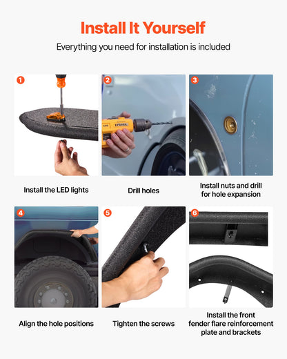 Fender Flare, Front & Rear Jeep Fender Flares Compatible with 2018-2024 Jeeps JL/JLU 2/4 Doors, Off-Road Steel Liner Set with LED Lighting, Fine-Textured Black Paintable Fenders for Jeep JL