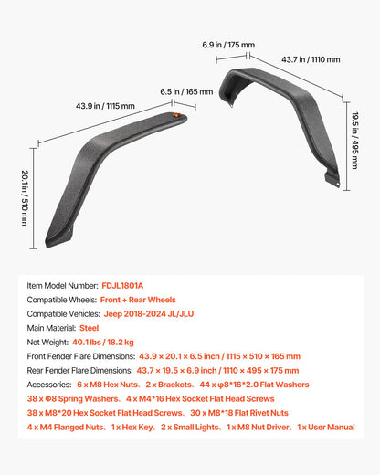 Fender Flare, Front & Rear Jeep Fender Flares Compatible with 2018-2024 Jeeps JL/JLU 2/4 Doors, Off-Road Steel Liner Set with LED Lighting, Fine-Textured Black Paintable Fenders for Jeep JL