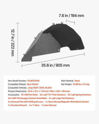 Inner Fender Liner, Rear Fender Liner Compatible with 2007-2018 Jeeps JK/JKU 2/4 Doors, Steel Mud Guards Bolt-on Style Fenders Flare, Wheel Well Cover Fenders Flare Liners, Scratch-Resistant