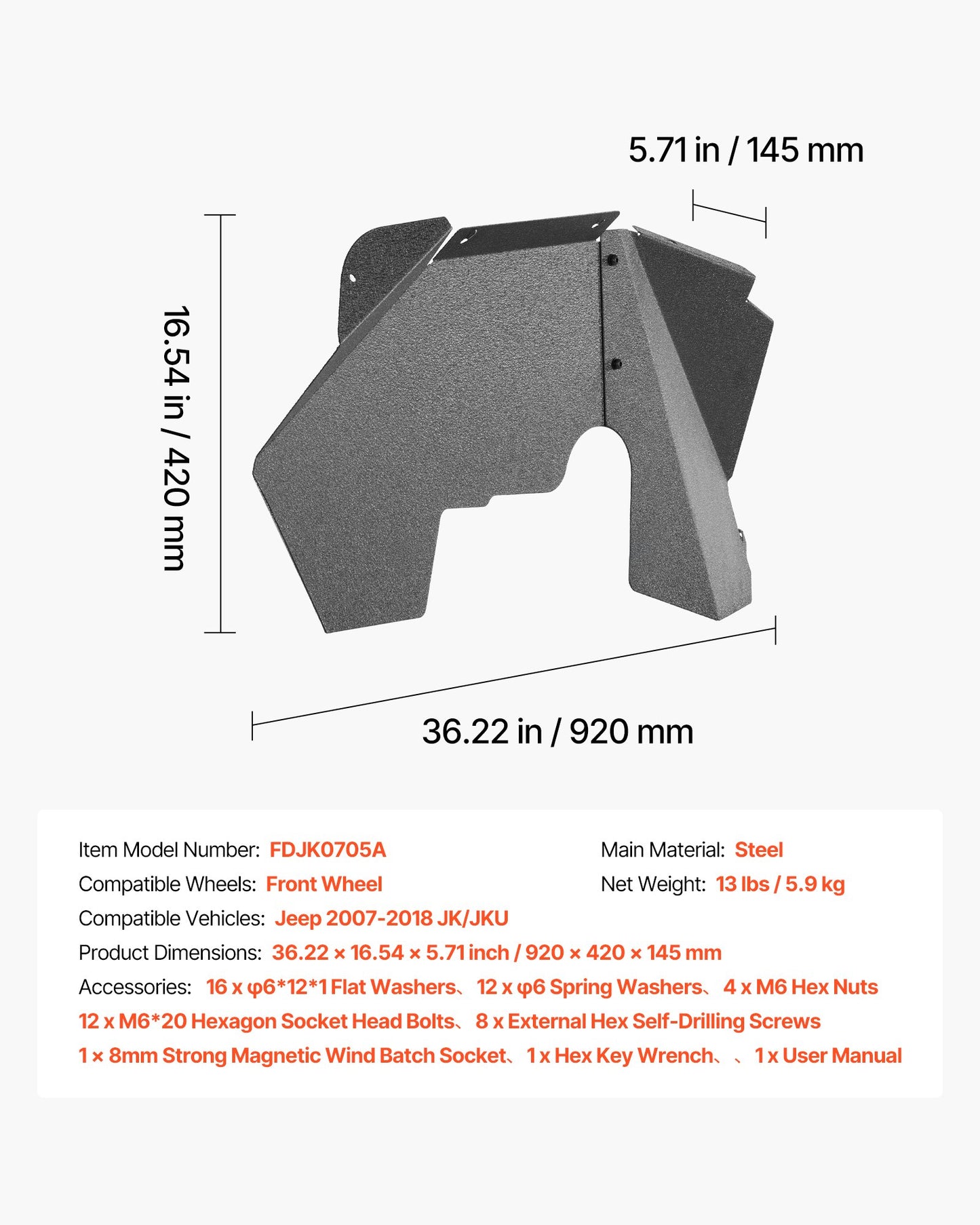 Inner Fender Liner, Front Fender Liner Compatible with 2007-2018 Jeeps JK/JKU 2/4 Doors, Steel Mud Guards Bolt-on Style Fenders Flare, Wheel Well Cover Fenders Flare Liners, Scratch-Resistant