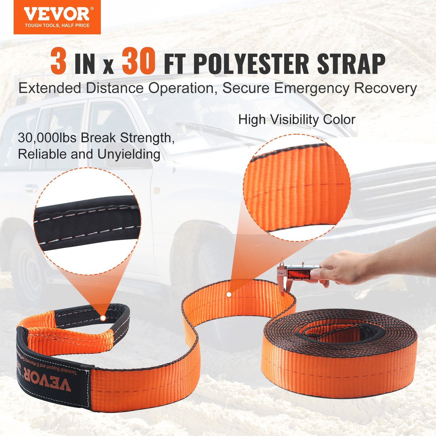 Off-Road Recovery Kit, 3" x 30", Heavy Duty Winch Recovery Kit with 30,000 lbs Tow Strap, 44,092 lbs D-Ring Shackles, Shackle Recovery and Storage Bag, for Off-Road Vehicles, Jeeps, ATVs, Trucks