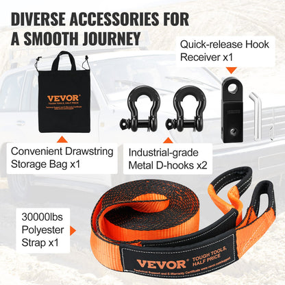 Off-Road Recovery Kit, 3" x 30', Heavy Duty Winch Recovery Kit with 30,000 lbs Tow Strap, 44,092 lbs D-Ring Shackles, Shackle Receiver and Storage Bag, for ATVs, Jeeps, Off-Road Vehicles, Trucks