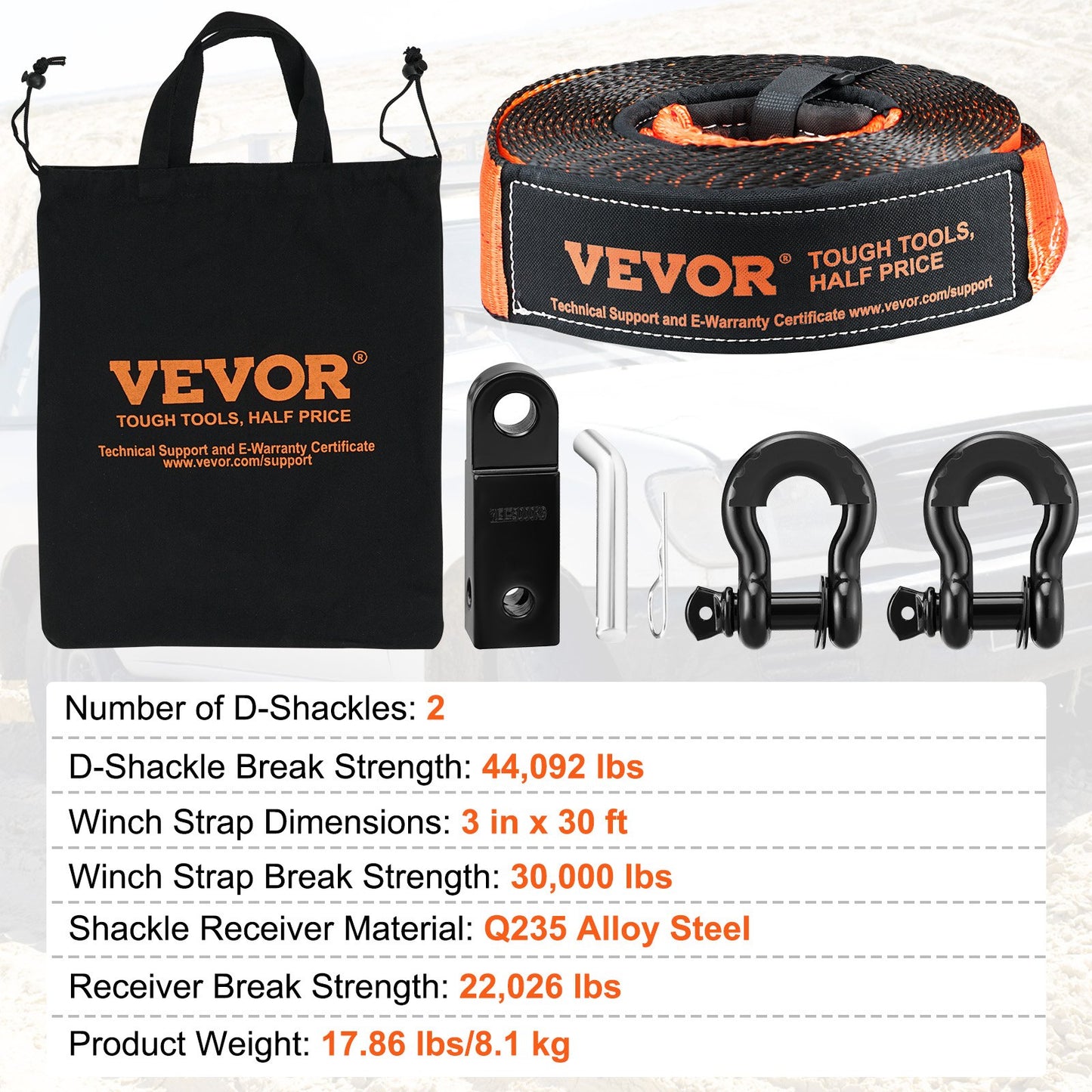 Off-Road Recovery Kit, 3" x 30', Heavy Duty Winch Recovery Kit with 30,000 lbs Tow Strap, 44,092 lbs D-Ring Shackles, Shackle Receiver and Storage Bag, for ATVs, Jeeps, Off-Road Vehicles, Trucks