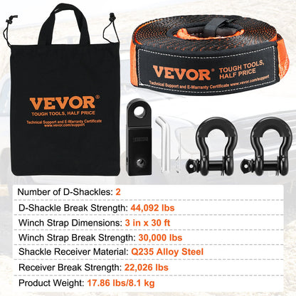 Off-Road Recovery Kit, 3" x 30', Heavy Duty Winch Recovery Kit with 30,000 lbs Tow Strap, 44,092 lbs D-Ring Shackles, Shackle Receiver and Storage Bag, for ATVs, Jeeps, Off-Road Vehicles, Trucks