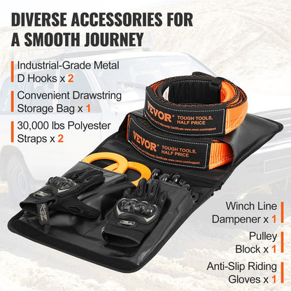 Off-Road Recovery Kit, 3" x 30', Heavy Duty Winch Recovery Kit with 30000 lbs Tow Straps, 44092 lbs D-Ring Shackles, Shackle Receiver, Snatch Block Pulley, Gloves, Storage Bag for ATV Jeep Truck