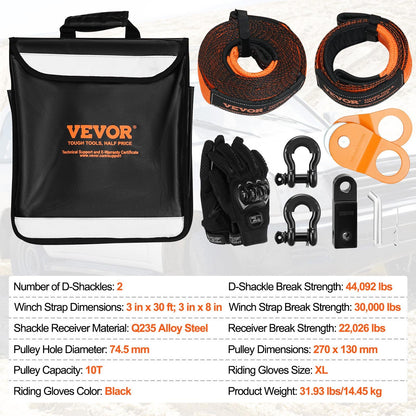Off-Road Recovery Kit, 3" x 30', Heavy Duty Winch Recovery Kit with 30000 lbs Tow Straps, 44092 lbs D-Ring Shackles, Shackle Receiver, Snatch Block Pulley, Gloves, Storage Bag for ATV Jeep Truck