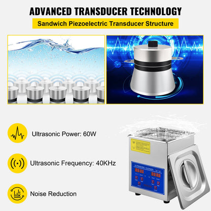 2L Ultrasonic Cleaner Stainless Steel Ultrasonic Cleaner Digital Heater Timer Jewelry Cleaner for Commercial Personal Home Use (2L)