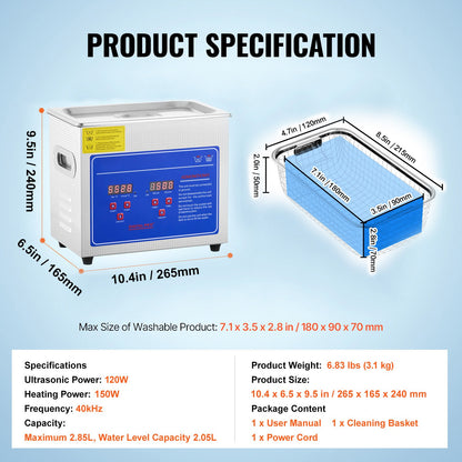 Ultrasonic Cleaner with Digital Timer & Heater, Professional Ultra Sonic Jewelry Cleaner, Stainless Steel Heated Cleaning Machine for Glasses Watch Rings Small Parts Circuit Board (3L)