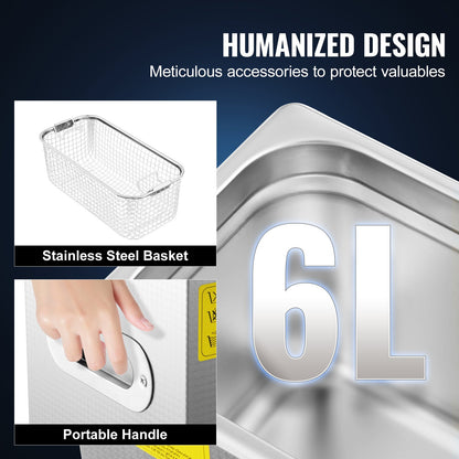 Ultrasonic Cleaner Machine, 6L Stainless Steel Ultrasonic Cleaning Machine, with Digital Heating Timer, Jewelry Cleaning for Commercial Personal Home Use