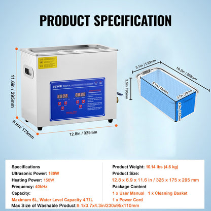 Ultrasonic Cleaner Machine, 6L Stainless Steel Ultrasonic Cleaning Machine, with Digital Heating Timer, Jewelry Cleaning for Commercial Personal Home Use