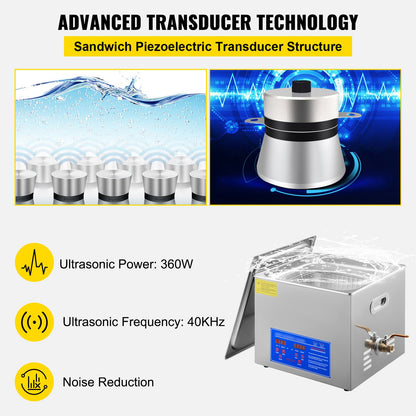 15L Ultrasonic Cleaner with Digital Timer&Heater Professional Ultrasonic Cleaner 40kHz Advanced Ultrasonic Cleaner 110V for Wrench Screwdriver Repairing Tools Industrial Parts Mental Cleaning