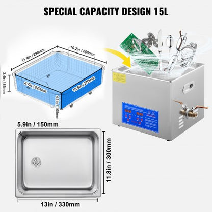 15L Ultrasonic Cleaner Stainless Steel Ultrasonic Cleaner Digital Heater Timer Jewelry Cleaner for Commercial Personal Home Use (15L) | EU