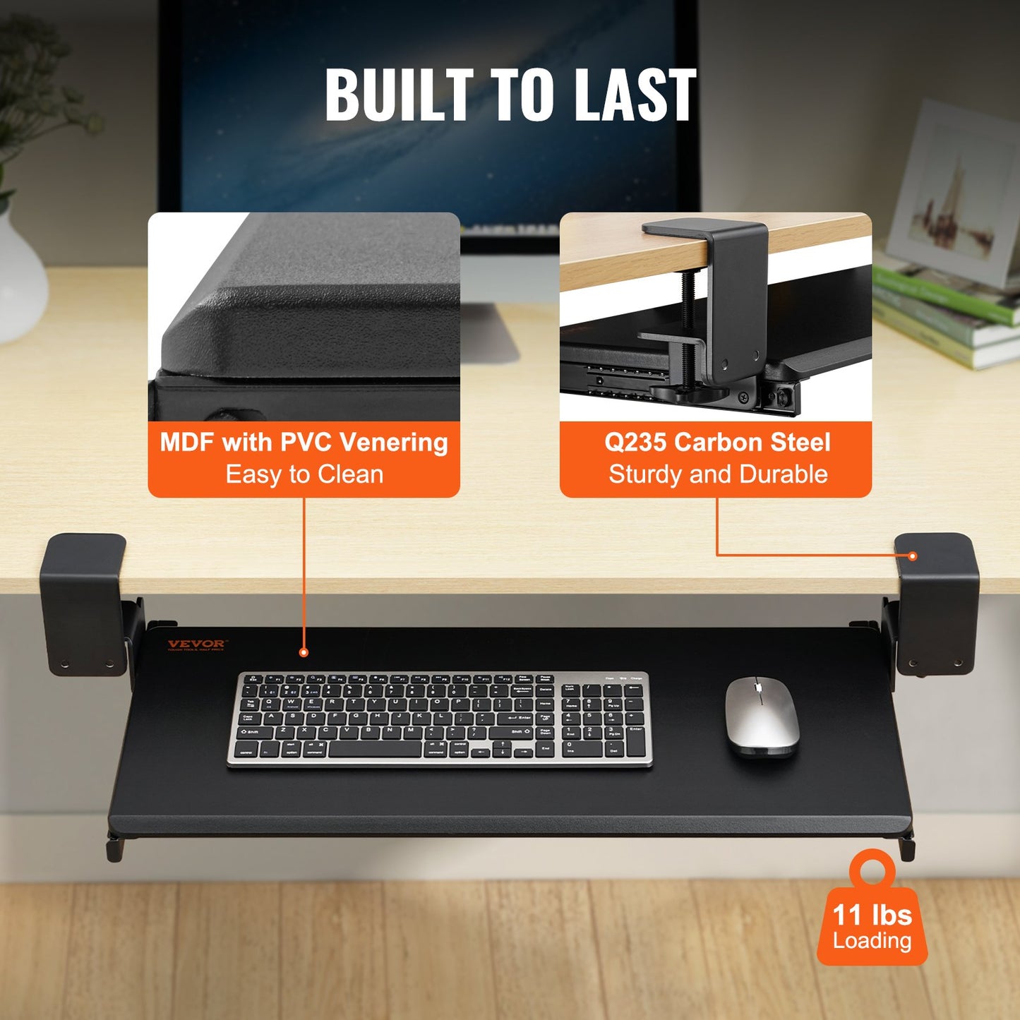 Tastaturablage zum Anklemmen unter dem Schreibtisch, ausziehbare Tastaturablage für den Schreibtisch mit stabiler C-Klemmenhalterung ohne Bohren, große ausziehbare Computerablage (26,8 x 11 Zoll) für das Tippen zu Hause und die Arbeit im Büro