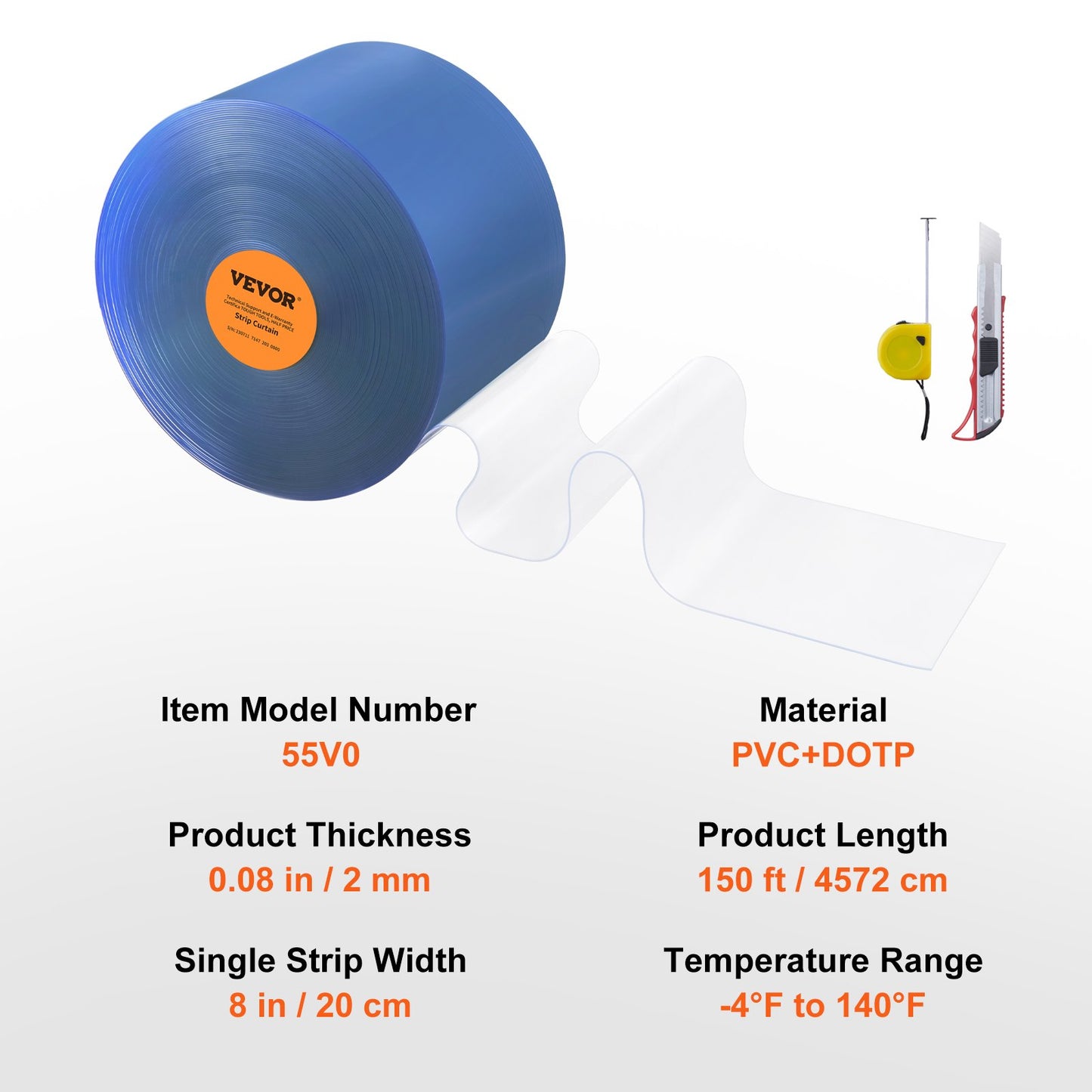 Streifenvorhang PVC-Türvorhang 150' x 8" Rollo Kühler Gefrierschrank Klarer Kunststoff