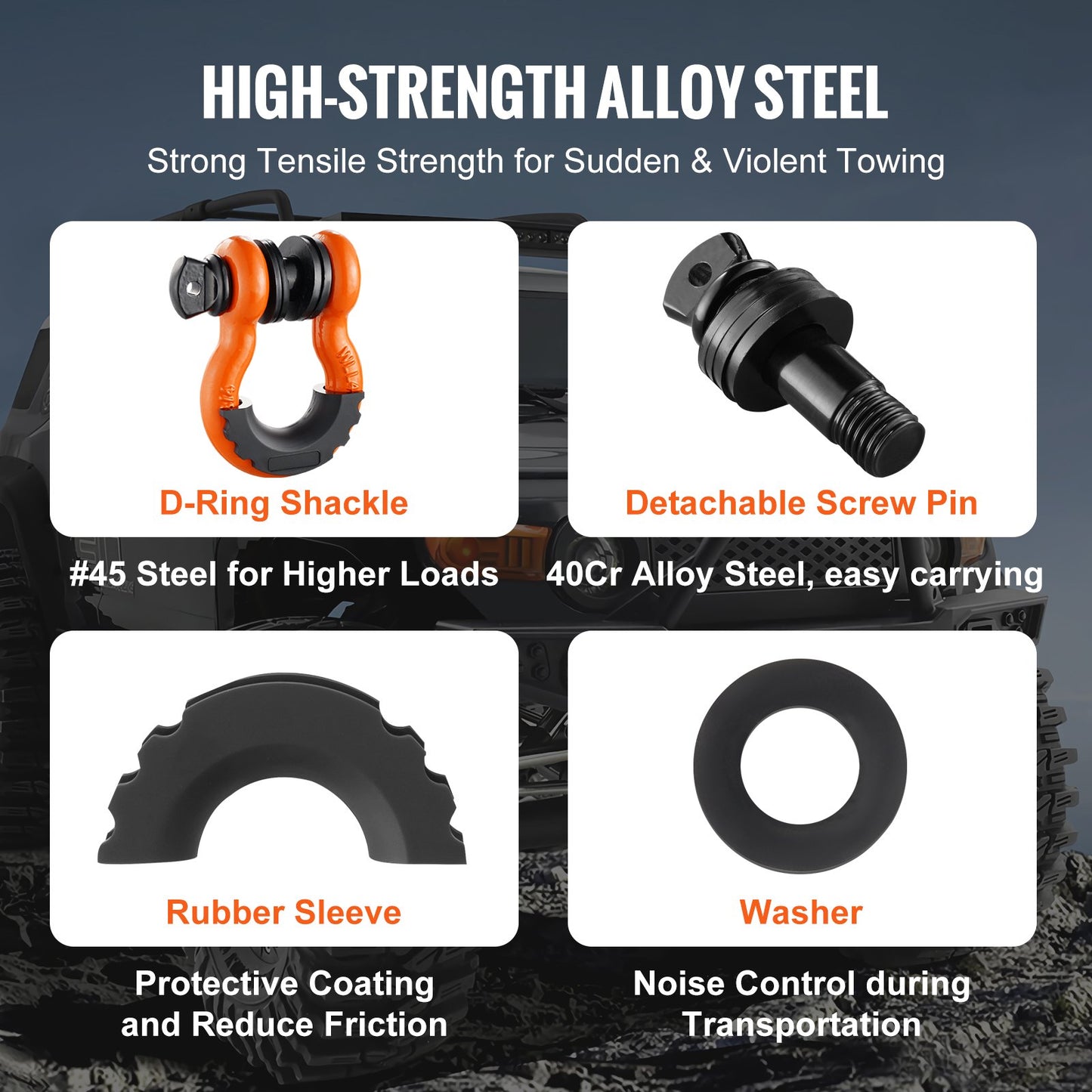 3/4" D-Ring Shackle, 2 Pack Alloy Steel Shackles 62832 lbs (28.5 Ton) Break Strength with 7/8" Screw Pin, Isolators & Washers, Heavy Duty Off Road Vehicle Recovery Shackle for Jeep Truck, Orange
