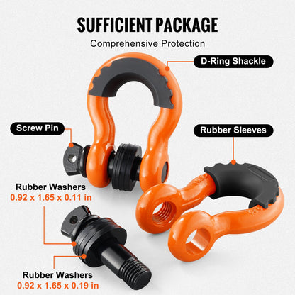 3/4" D-Ring Shackle, 2 Pack Alloy Steel Shackles 62832 lbs (28.5 Ton) Break Strength with 7/8" Screw Pin, Isolators & Washers, Heavy Duty Off Road Vehicle Recovery Shackle for Jeep Truck, Orange