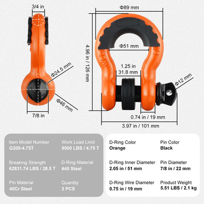 3/4" D-Ring Shackle, 2 Pack Alloy Steel Shackles 62832 lbs (28.5 Ton) Break Strength with 7/8" Screw Pin, Isolators & Washers, Heavy Duty Off Road Vehicle Recovery Shackle for Jeep Truck, Orange