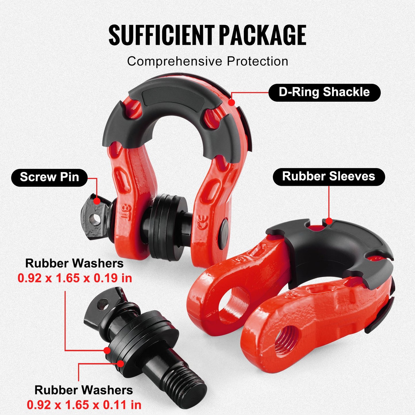 3/4" D-Ring Shackle, 2 Pack Alloy Steel Shackles 66139 lbs (30 Ton) Break Strength with 7/8" Screw Pin, Isolators & Washers, Heavy Duty Off Road Vehicle Recovery Shackle for Jeep Truck, Red