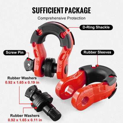 3/4" D-Ring Shackle, 2 Pack Alloy Steel Shackles 66139 lbs (30 Ton) Break Strength with 7/8" Screw Pin, Isolators & Washers, Heavy Duty Off Road Vehicle Recovery Shackle for Jeep Truck, Red