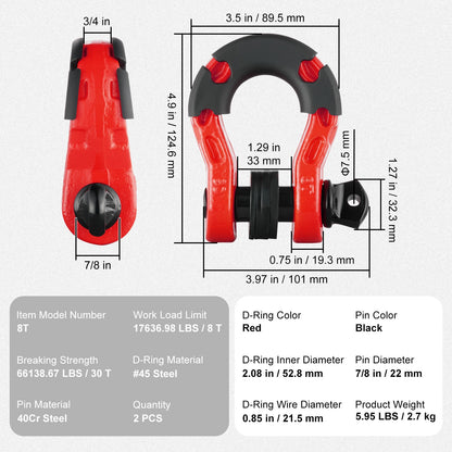 3/4" D-Ring Shackle, 2 Pack Alloy Steel Shackles 66139 lbs (30 Ton) Break Strength with 7/8" Screw Pin, Isolators & Washers, Heavy Duty Off Road Vehicle Recovery Shackle for Jeep Truck, Red