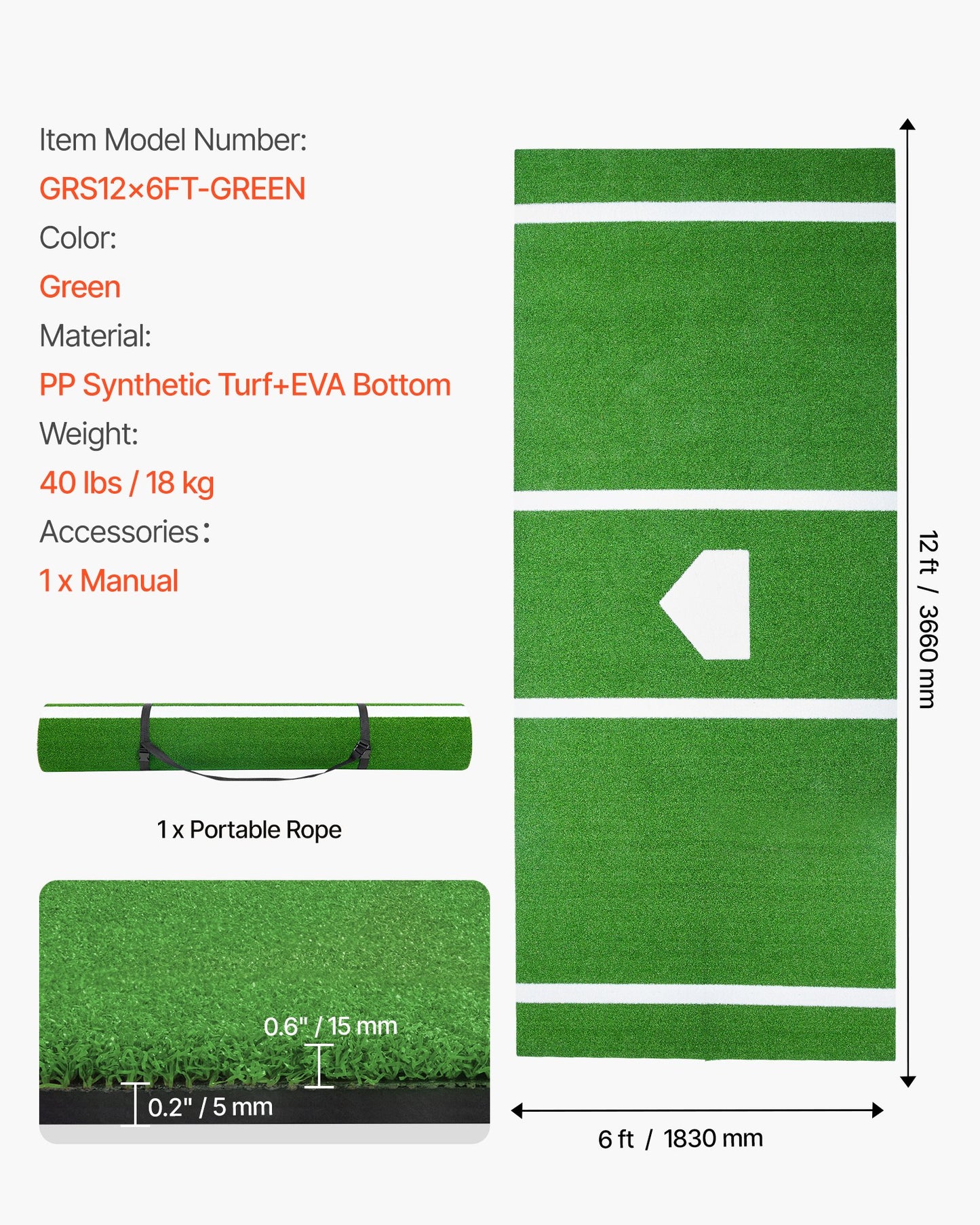Baseball Hitting Mat, 12x6 ft Batting Cage Mat, Batters Box Turf Mats, Softball Batting Practice Equipment with Home Plate and Anti Fade Turf, Portable Training Aid for Indoor Outdoor, Green
