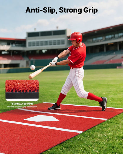 Baseball Hitting Mat, 12x6 ft Batting Cage Mat, Batters Box Turf Mats, Softball Batting Practice Equipment with Home Plate and Anti Fade Turf, Portable Training Aid for Indoor Outdoor, Red