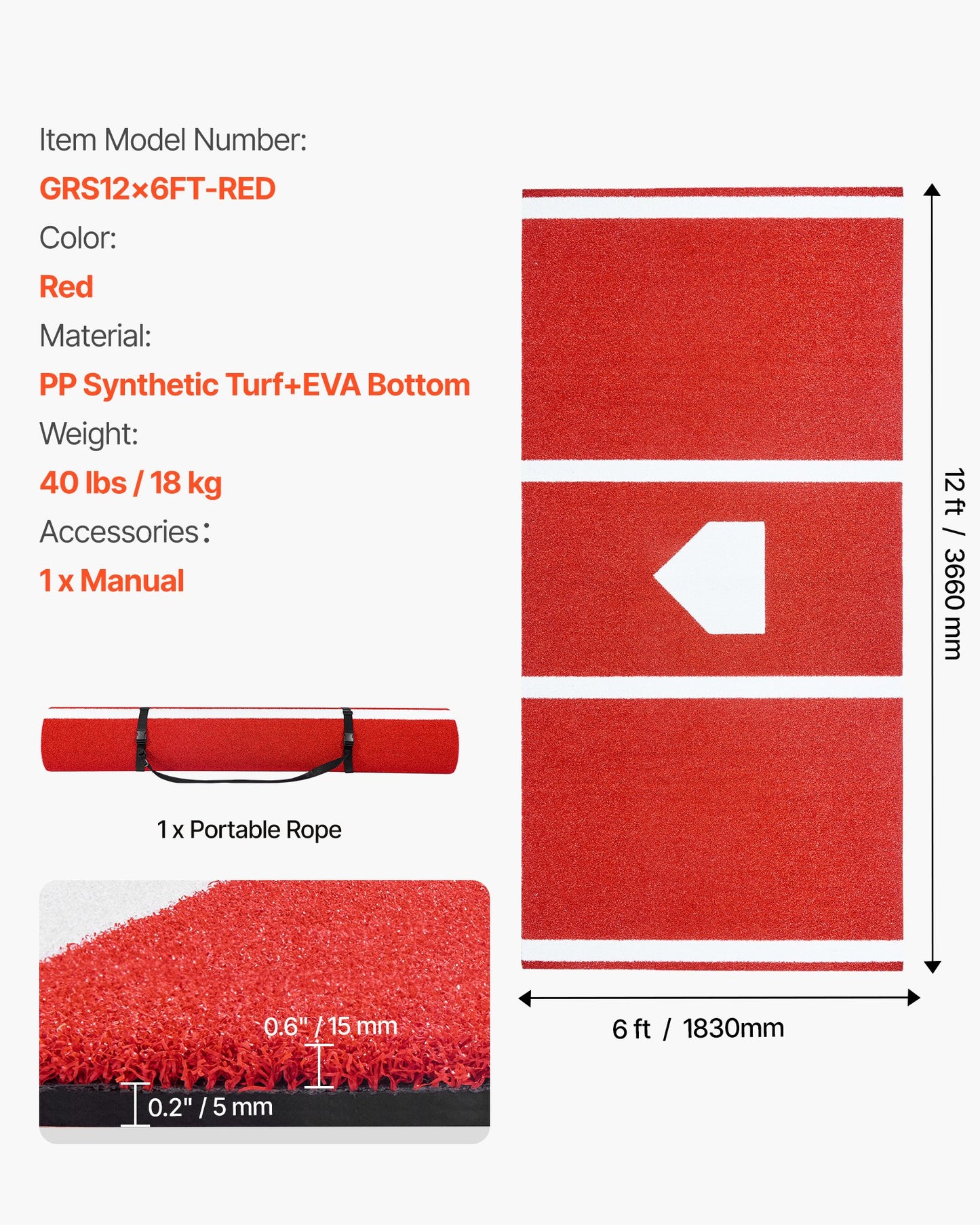 Baseball Hitting Mat, 12x6 ft Batting Cage Mat, Batters Box Turf Mats, Softball Batting Practice Equipment with Home Plate and Anti Fade Turf, Portable Training Aid for Indoor Outdoor, Red
